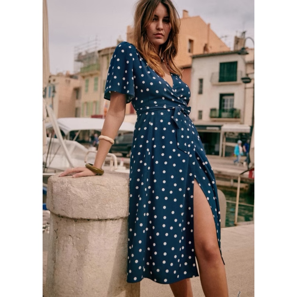 Sezane Navy Polka Dot Midi Dress